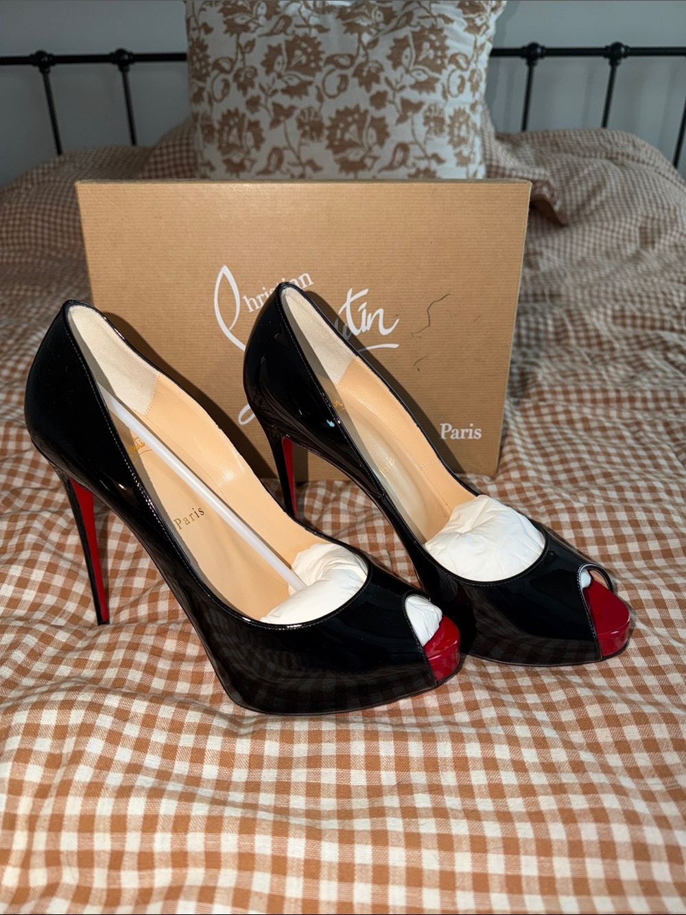 Christian Louboutin Black Patent Leather Peep-Toe Pumps “New Very Prive 120”